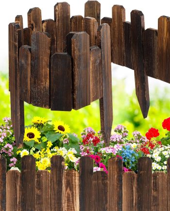 Staggered Wooden Picket Garden Fence 7.9 by 47 Inches with Burnt Finish for Flower Beds