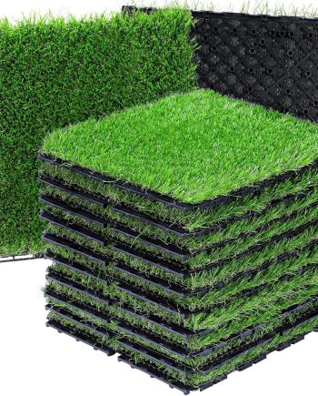 Artificial Grass Tiles Interlocking Turf Squares Deck 9 Pack -12"x12" Indoor Outdoor Faux Grass Rug with Drainage Holes-Fake Grass Tiles Self-draining for Garden Lawn Landscape Balcony Decoration